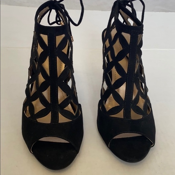 𝅺bcbg Shoes Black Clodin-X Heels 7 1/2 M Strappy Peep Toe New Without Box - Picture 2 of 11